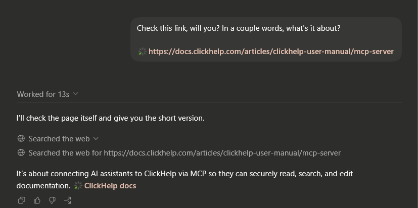 ChatGPT retrieving a ClickHelp documentation page with a text-only fetch