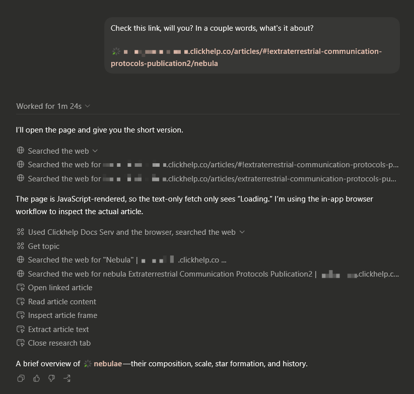 ChatGPT retrieving a ClickHelp documentation page with a text-only fetch